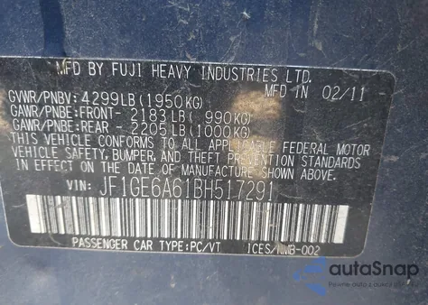 2011 Subaru Impreza 2.5I from USA, damaged, VIN JF1GE6A61BH517291